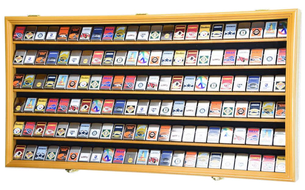 sfDisplay.com,LLC. 138 Zippo Lighter Lighters Match Books Matches Display Case Cabinet Wall Rack Holder Lockable w/98% UV Door (Oak Finish)