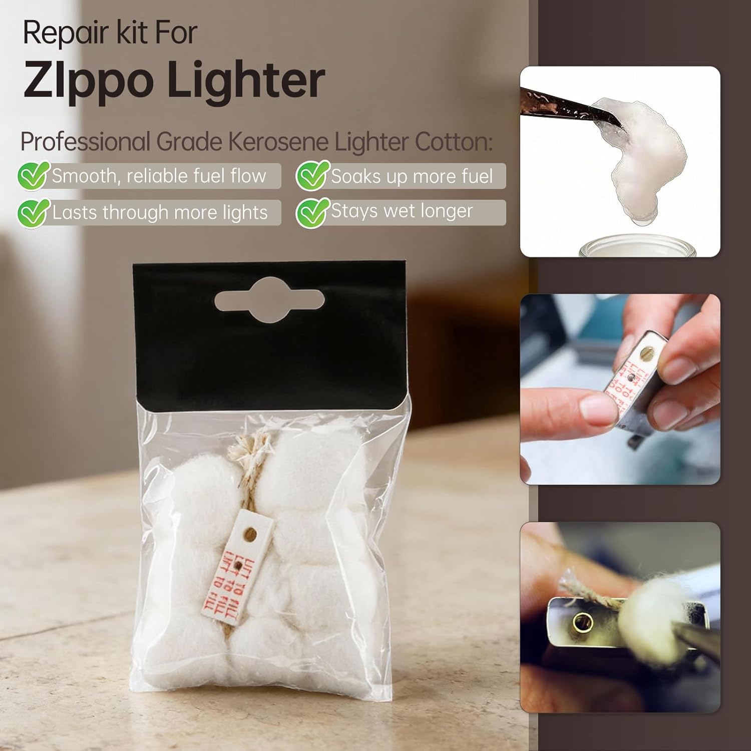 Cotton Compatible with Zippo Lighter,2 Pack,Replacement Parts Comaptible with Zippo Accessories(Cotton,Felt Pad,Wick)