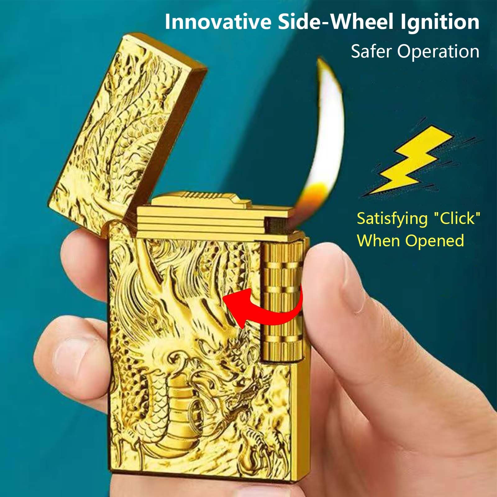 Dragon Butane Lighter, Refillable Lighter Soft Flame, Flip-Top Metal Gold Side Wheel Frosted Pocket Lighter for Everyday Use, Camping, Gifts for Men, Father, Husband (No Fuel)