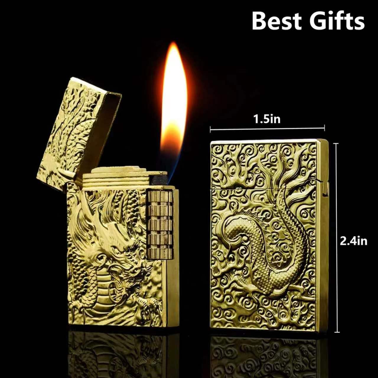 Dragon Butane Lighter, Refillable Lighter Soft Flame, Flip-Top Metal Gold Side Wheel Frosted Pocket Lighter for Everyday Use, Camping, Gifts for Men, Father, Husband (No Fuel)